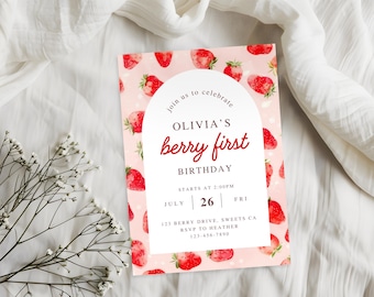 Editable Berry Birthday Invitation, Sweet Berries Theme Birthday, Party Invitation Card, Canva Template, Berry First Birthday Invite