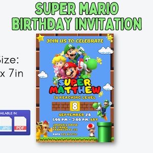 Invitation Super Mario, Invitation numérique de fête d'anniversaire Super Mario Bros, carte d'anniversaire pour enfants, téléchargement numérique, modèle modifiable