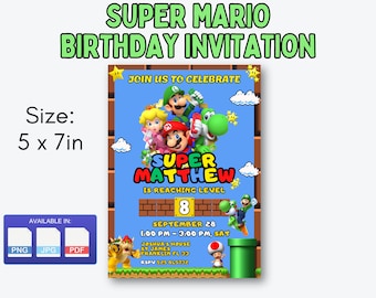 Super Mario Invitation, Super Mario Bros Birthday Party Digital Invitation, Kids Birthday Card, Digital Download, Editable Template