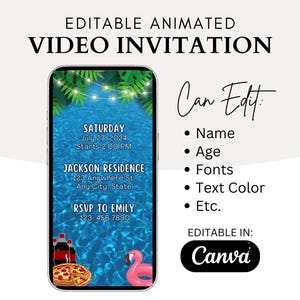 Vídeo de convite de aniversário para festa na piscina, convite digital DIY para piscina de verão azul, evitar aniversário na piscina, convite de vídeo por telefone