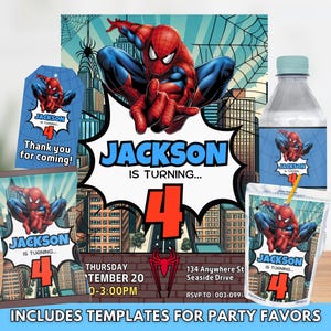 May include: Party favor templates featuring Spider-Man. The designs include an invitation, water bottle label, tag, and treat bag labels. The invitation reads "Jackson is turning 4" with event details and the phrase "Thank you for coming!"