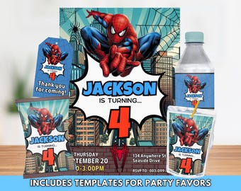 Spider Man Birthday Invite, Party Favors Bundle, Birthday Starter Pack, Spider-man Invitation, Digital Download Canva Template