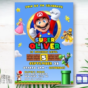 Invito di compleanno di Super Mario, invito digitale alla festa di compleanno dei fratelli Mario, biglietto di compleanno per bambini, download digitale, modello modificabile