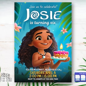 Invito di compleanno di Moana, festa Luau per ragazze di Moana, invito digitale, simpatico cartone animato di Moana, compleanno per bambini, modello modificabile Canva