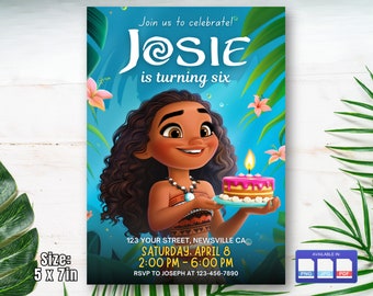 May include: A birthday invitation featuring a cartoon illustration of a girl with brown hair and a flower behind her. The text reads "Join us to celebrate! Josie is turning six. 123 Your Street, Newsville CA. Saturday, April 8. 2:00 PM - 6:00 PM. RSVP to Joseph at 123-456-7890. Available in: PNG JPG PDF."