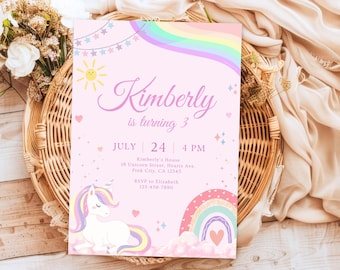 Unicorn Birthday Invitation, Editable Unicorn Invite, Printable Rainbow Unicorn Birthday Invite, Unicorn Party, Pink Girls Birthday Party