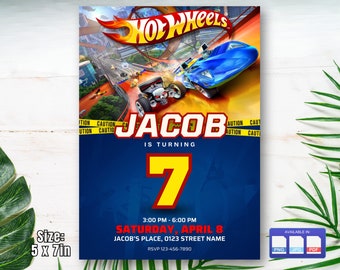 May include: A Hot Wheels themed birthday party invitation for a 7-year-old boy named Jacob. The invitation features a blue and red race car on a yellow track with the text "Jacob is turning 7" and "Saturday, April 8".