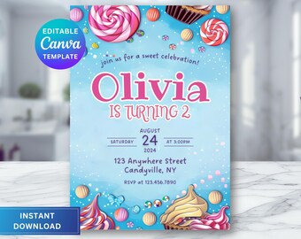 Candy Birthday Invitation, Candy Land Theme Birthday, Two Sweet Party Invitation Card, Canva Template, Sweet One, Birthday Invite