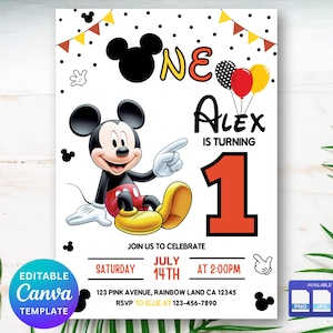 Invitación de cumpleaños de Mickey, primer cumpleaños, tarjeta de cumpleaños de Oh Twodles, invitación digital, linda caricatura de ratón, plantilla editable digitalmente