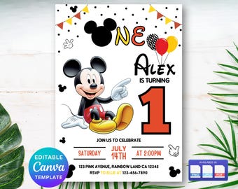 May include: A printable birthday invitation featuring Mickey Mouse. The invitation is white with red, yellow, and black accents. It says "One Alex is turning 1" and includes a date, time, and address.