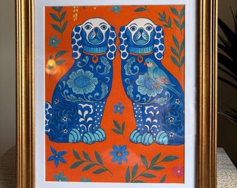 Framed Staffordshire Dog Print: Blue Chinoiserie Mid-Century Wall Art
