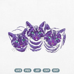 Könnte beinhalten: Ein Stickmuster mit drei Katzenköpfen in Violetttönen und leuchtend türkisfarbenen Augen. Die Katzen haben detaillierte gestreifte Fellmuster und lange Schnurrhaare. Darunter steht der Text VP3, PES, JEF, EXP und DST.