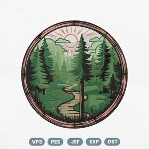 Pine Forest Embroidery Design, Winding Trail Sunrise Scene, Circular Woodland Landscape, Nature Stitch Artwork