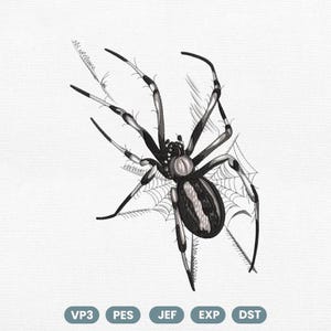 Könnte beinhalten: Ein schwarz-weißes Stickmuster einer Spinne auf einem Netz. Die Spinne hat einen segmentierten Körper mit hellen Markierungen auf dem Hinterleib und den Beinen. Unter der Spinne steht der Text VP3, PES, JEF, EXP und DST in Kreisen.