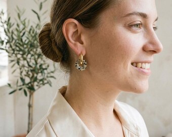 Gift for Girlfriend Gold Hoop Earrings with Natural Stone Pendant, 18K Gold Plated Hoops for Women, Birthday or Anniversary Jewelry | EH09