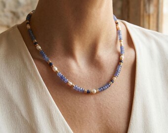 Handmade Blue Stone Necklace: Freshwater Pearls, Gold-Plated
