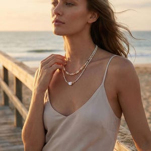 Boho Layered Necklace, Baroque Pearl, Natural Stone, Seed Beads, Gold Plated Stainless Steel | XL06 image 2