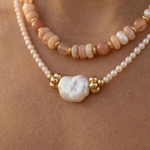 Boho Layered Necklace, Baroque Pearl, Natural Stone, Seed Beads, Gold Plated Stainless Steel | XL06