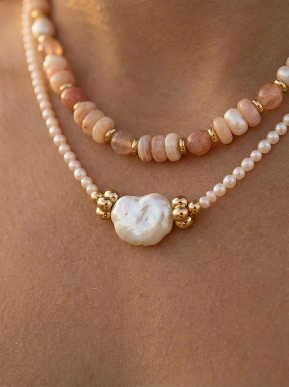 Boho Layered Necklace, Baroque Pearl, Natural Stone, Seed Beads, Gold Plated Stainless Steel | XL06