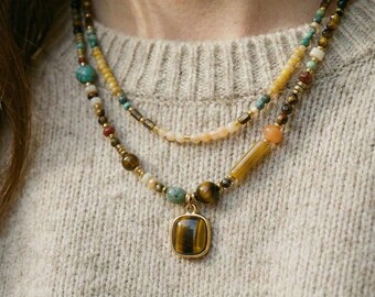 Women's Natural Stone Gold Necklace, Tiger Eye & African Turquoise Pearl Boho Necklace, 18K Gold Plated 【XL51】