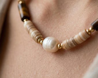 Boho Tiger Eye Shell Pearl Necklace, Natural Stone Gold Stainless Steel Summer Jewelry | XL19
