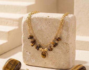 Tiger Eye Bracelet for Women Gold, Layered Natural Stone Bracelet with Pendant, Boho Jewelry Handmade, Gift for Her | sl10
