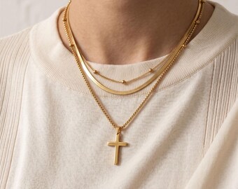 Gold Layering Necklace with Cross Pendant, Minimalist Multi Layer Chain, Meaningful Gift for Mom, Symbol Jewelry Love Strength | xl29