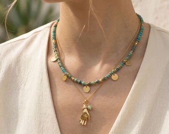Turquoise Gold Layering Necklace for Women, Natural Stone with Hand Charm, Boho Jewelry Gift for Girlfriend【XL25】