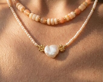 Baroque Pearl Necklace, Natural Stone Beaded Choker, Gold Accent Jewelry for Mom | XL06