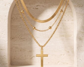 Gold Cross Necklace for Women, Spiritual Protection Jewelry, 18K Gold Plated Stainless Steel, Layered Necklace, Meaningful Gift | xl29