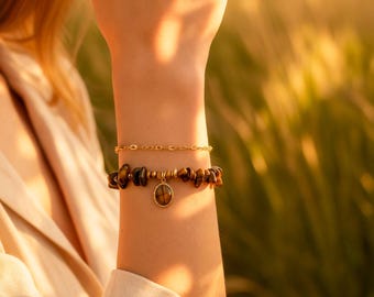 Tiger Eye Bracelet for Women Natural Stone – 18K Gold Plated, Gift for Her【SL10】