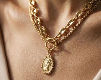 Cameo Necklace Women's Double Layered Gold, Vintage Layering Pendant Necklace, Gold Plated Stainless Steel【XL32】