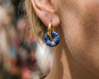 Gold Hoop Earrings with Natural Stone Pendant, 18K Gold Plated Hoops for Women, Elegant Boho Jewelry Gift for Her | EH09