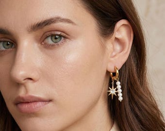 Pearl Earrings for Women with Hoop Zirconia – 18K Gold Plated, Gift for Her【EH05】