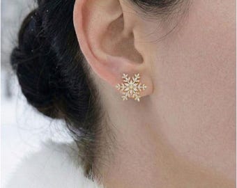Dainty Small Gold Stud Earrings with Zirconia Snowflake, Tiny Minimal Earrings for Women 18K Gold Plated, Delicate Jewelry | EH07