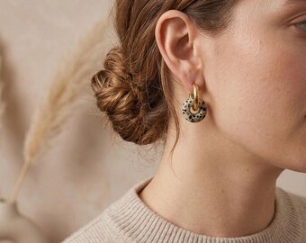 Natural Stone Hoop Earrings Gold with Donut Pendant, 18K Gold Plated Stainless Steel Hoops, Tiger Eye Sodalite Jasper, Gift for Women | EH09
