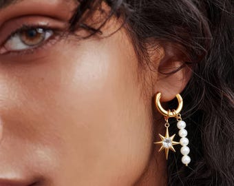 Pearl Earrings for Women with Hoop Zirconia – 18K Gold Plated, Gift for Her【EH05】