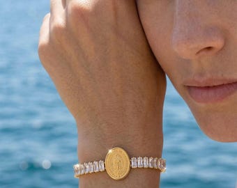Gold Zirconia Bracelet with Medallion, 18K Gold Plated Stainless Steel, Elegant Handmade Bracelet, Jewelry Gift for Her | sl21