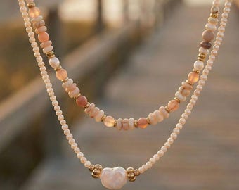 Natural Stone Necklace for Women with Baroque Pearl – 18K Gold Plated, Gift for Her【XL06】