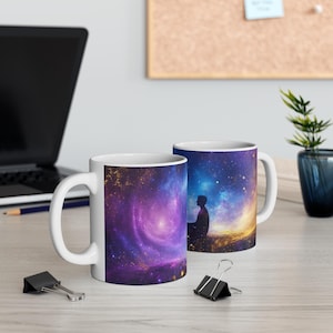 Cosmic Meditation Mug, Universe Theme Coffee Cup, Galaxy Art Drinkware, Mindfulness Gifts, Inspirational Mug for Relaxation
