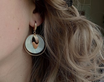 Pendientes redondos para mujer Pendientes largos de plumas de nácar Pendientes boho