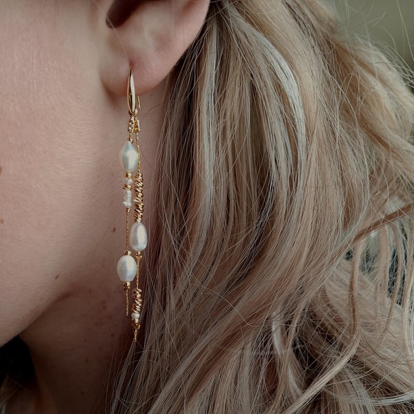 Mother of Pearl Pearl Earrings Long Earrings with Stones Golden Earrings with Mother of Pearl Stones