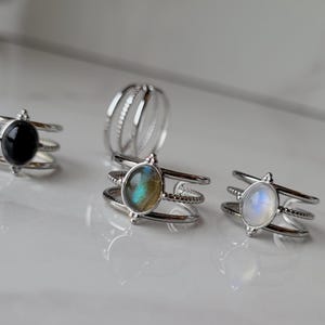 Silver månstensring, labradoritring för kvinnor, rostfritt stålring med sten