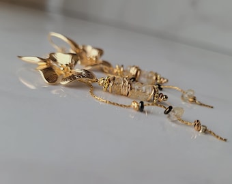 Citrin-Stein-Ohrring, lange Goldschlaufe für Frauen, 24 Karat vergoldeter Naturstein-Ohrring