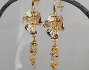 Citrin-Stein-Ohrring, lange Goldschlaufe für Frauen, 24 Karat vergoldeter Naturstein-Ohrring