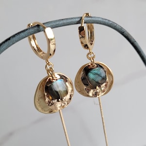 Labradorite Hoop Earrings, Gold Plated, Long Labradorite Earrings, 24 Carat Natural Stone