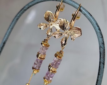 Amethyst-Ohrringe, Halbedelstein-Ohrringe für Damen, Naturstein-Ohrringe, 24 Karat vergoldet