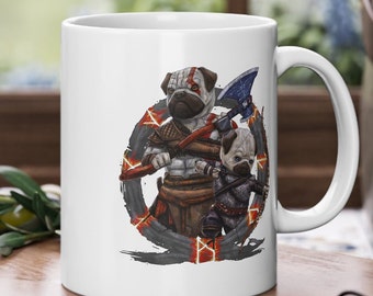 God of War - Kratos Mug with Pug Heads - Unique Gift for Gamers and Dog Lovers, Atreus, PS5, God of War Ragnarok, Dog of War