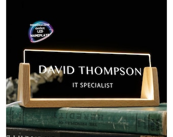 Personalized Desk Nameplate Name Tag With Wooden Base Night Light Acrylic Nameplate Office Gifts Desk Accessories New Job Gifts