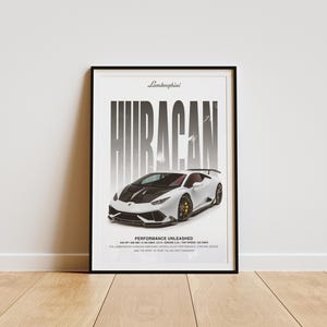 May include: A white Lamborghini Huracan poster with black text that reads "Lamborghini" and "Huracan". The poster features a white Lamborghini Huracan with black accents and black wheels. The text at the bottom of the poster reads "Performance Unleashed".
